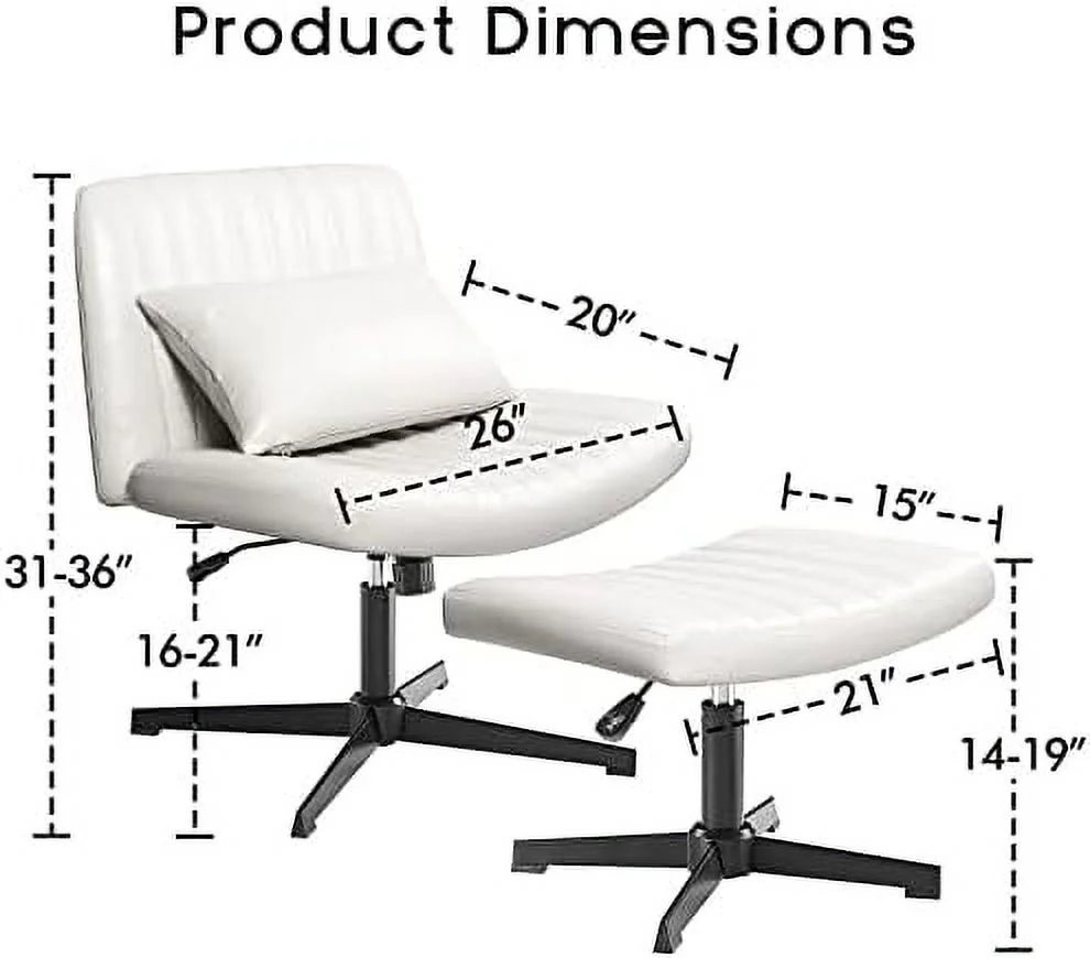 NLIBOOMLife Armless Desk Chair No Wheels with Ottoman&Lumbar Support PU Leather Padded Modern Swivel Home Office Chair Height Adjustable Wide Seat Cross Legged Computer Task Chair for
