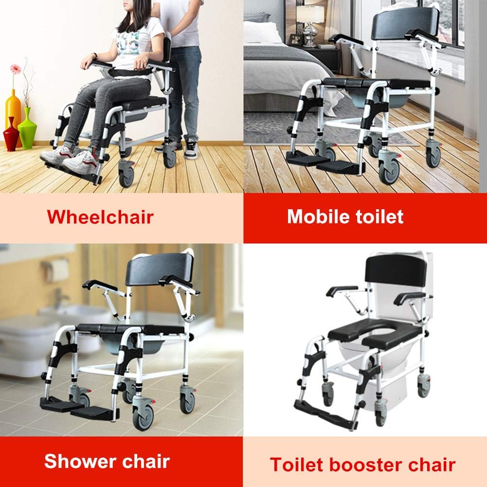 Nurth Tilt-in-Space Reclining Shower/Toilet Commode Chair, with Padded Seat, Back, Armrests. Care 4-in-1 Multifunction Chair, Flip-up Arm and Foot Rests, Commode Pail and Adjustable Headrest