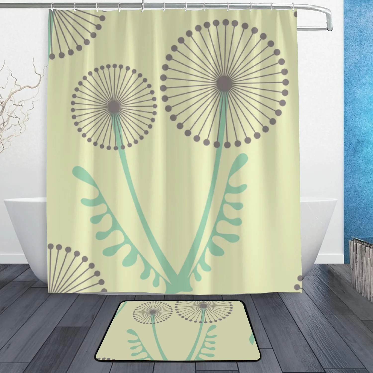 Anyway.go Bath Curtain Rugs Sets 2 Pcs,Bathroom Theme Set with Shower Curtain and Non-Slip Carpet -12 Hooks-60X72in,Flowers
