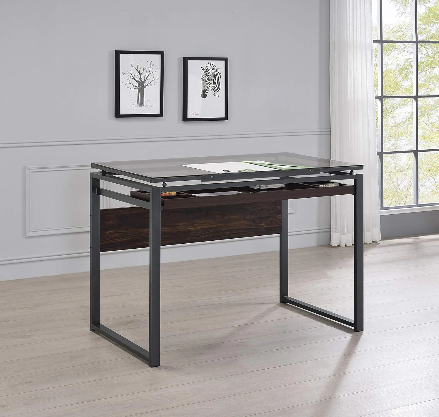 KBANZIBIU Pantano Glass Top Dark Gunmetal and Chestnut Drafting Desk 805571
