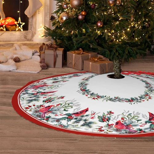 Christmas Tree Skirt 36Inches Winter Cardinal Birds Xmas Tree Skirt, Red Poinsettia Floral Holly Leaves Christmas Tree Mat for Home Party Holiday Indoor Outdoor Decorations (White, 36in)