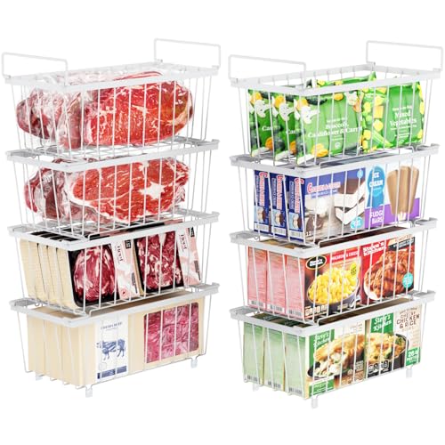iSPECLE Freezer Organizer Bins - 4 Pack Small Stackable Deep Freezer Organizer Bins for 7 Cu.Ft Freezers Easy Get Bottom Foods without Digging, Chest Freezer Organizer Prevent Frozen Food Waste, Black