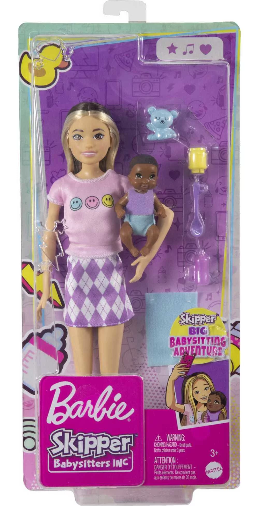 Barbie Skipper Babysitters Inc Doll in Argyle Skirt with 2-Tone Hair, Baby Doll & 5 Themed Pieces