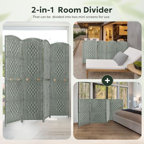 JOSTYLE Folding Privacy Room Divider, 4 Panel Screen Divider 6 ft. Tall Freestanding Extra Wide Rattan Room Partition Wall Separation Dividers, Grey