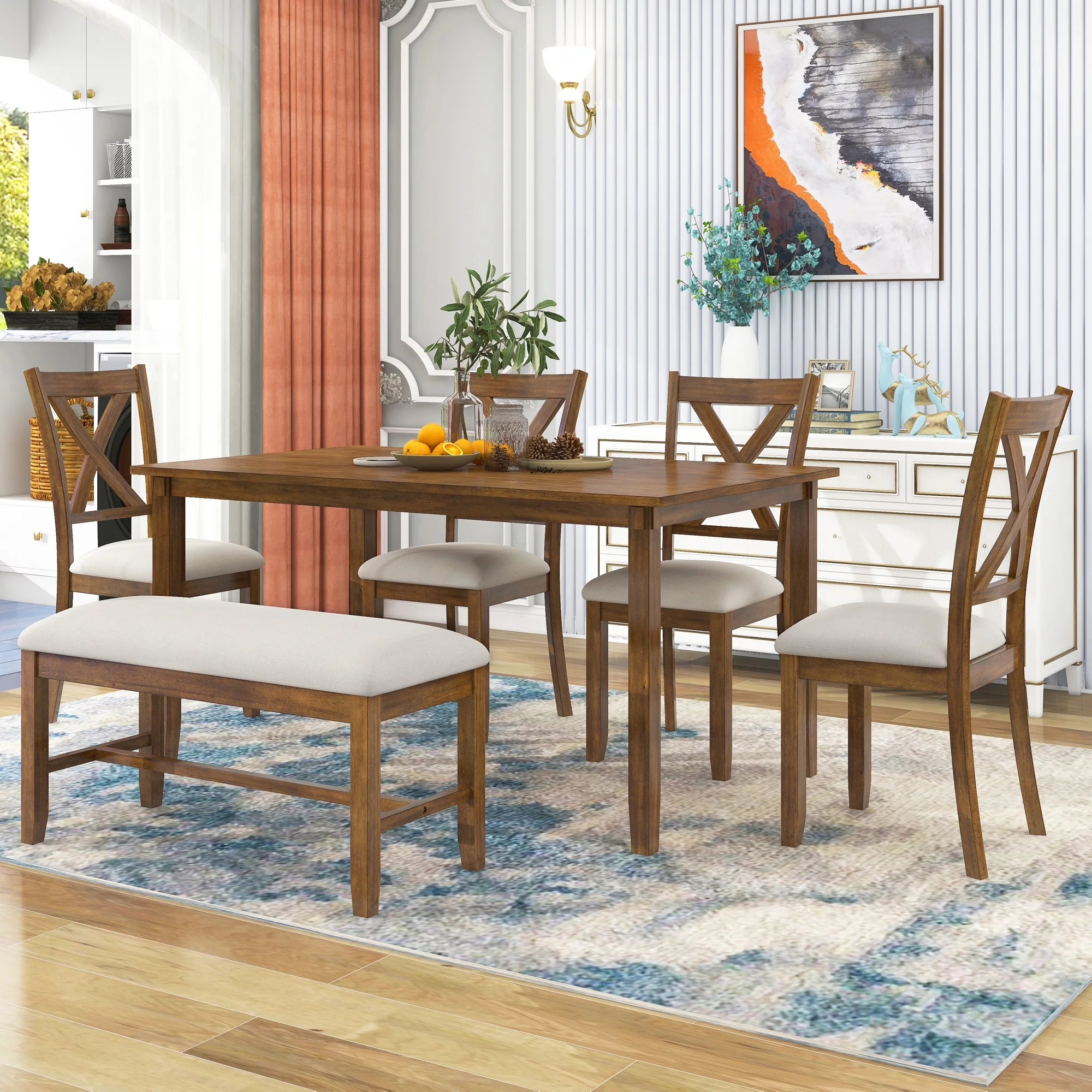 TREXM 6-Piece Kitchen Dining Table Set Wooden Rectangular Dining Table, 4 Fabric Chairs and Bench