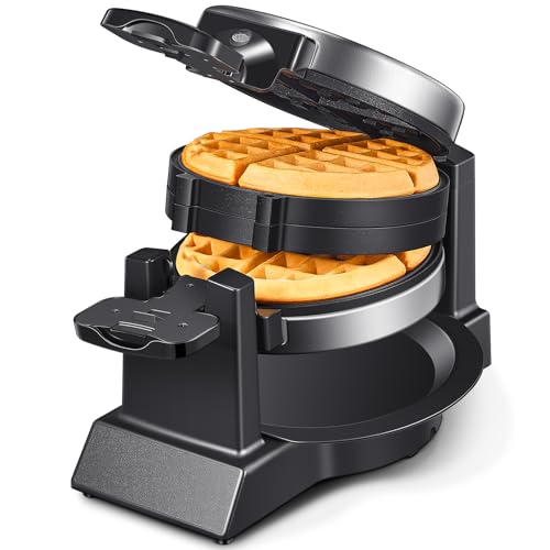 Classic Waffle Iron, Double Belgian Waffle Maker 180°Flip, 1400W Waffle Iron 8 Slices, Rotating & Nonstick Plates with Removable Drip Tray, Cool Touch Handles, Stainless Steel (8 Slices)