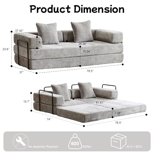 Convertible Floor Sofa Bed, Foldable Mattress Cloud Couch with Pillow Back & Armrest, Chenille Sleeper Sofa Bed with Fixed-Shape Frame, Compressed Couch for Living Room Bedroom, Dark Gray