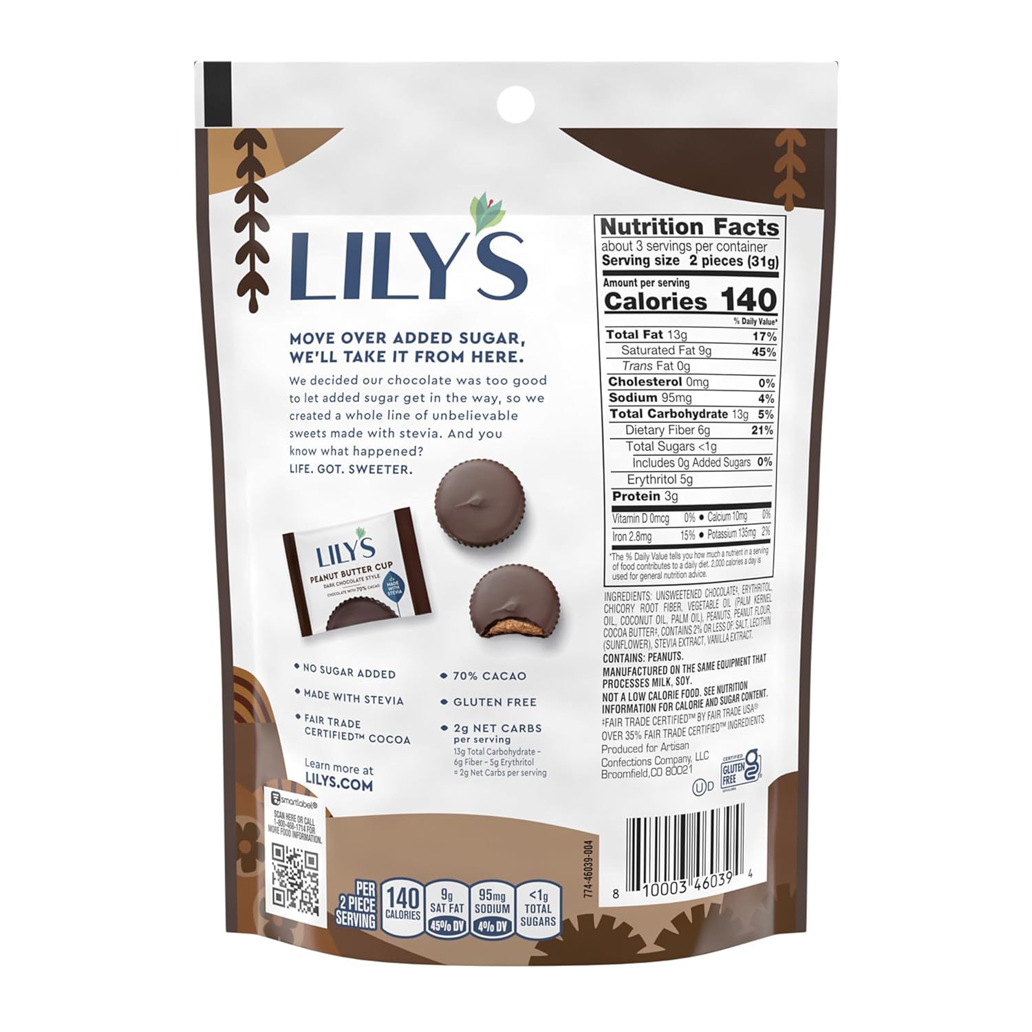 LILY'S Dark Chocolate Style No Sugar Added Peanut Butter Cups, Sweets Bags, 3.2 oz (3 Count)