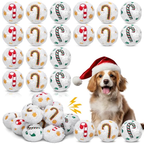 Syhood 60 Pcs Christmas Snowball Dog Toys Squeaky Christmas Snowball Fight Plush Toys for Xmas Indoor Outdoor Santa Elk for Small & Middle Pet Chew Pets Gifts (Candy Canes)