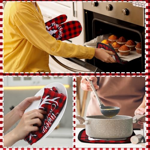 Leinuosen 8 Pcs Christmas Kitchen Decoration Set Christmas Tree Kitchen Towels Oven Mitts and Pot Holders Red Black Buffalo Plaid Dish Towels Oven Mitts Accessories for Baking Cooking(Colorful,Star)