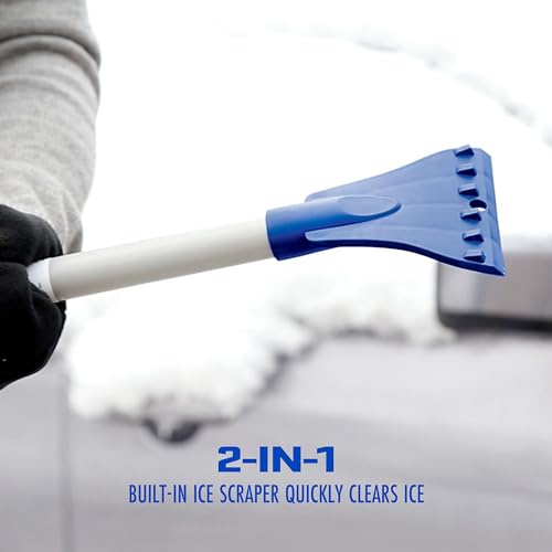 Snow Joe SJBLZD-LED 4-in-1 Telescoping Scracth-Free Snow Broom + Ice Scraper, 18-Inch Foam Head, Headlights, Blue
