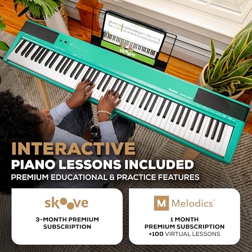 Alesis Recital Home Digital Piano with 88 Hammer Action Weighted Keys, Stand, Pedals and Lessons, Turquoise