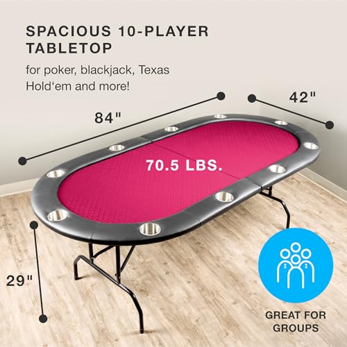 Brybelly 10-Person Foldable Poker Table with Suited Speed Cloth and Jumbo Stainless Steel Cupholders (Red, 84 Inch)