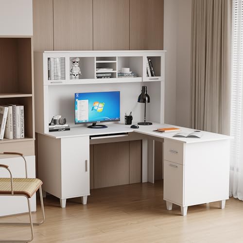 White Corner Desk L Shaped Computer Desk with Drawers and Shelves, Wooden Writing Desk with Cabinets for Home Office Study, White