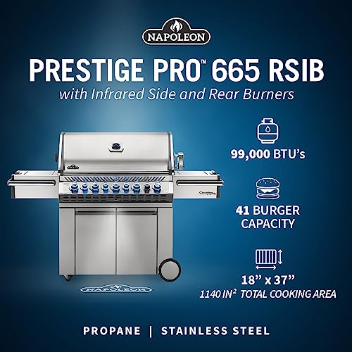 Napoleon PRO500RSIBPSS-3 Prestige PRO BBQ Propane Gas Grill, 500 sq.in. + Infrared Side and Rear Burners, Stainless Steel