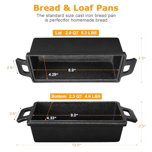 Cast Iron Loaf Pan,Bread Pans for Homemade Bread with Lid Homemade Sourdough and Meatloaf, Bread Oven Cast Iron Cookware, 2 Piece Set