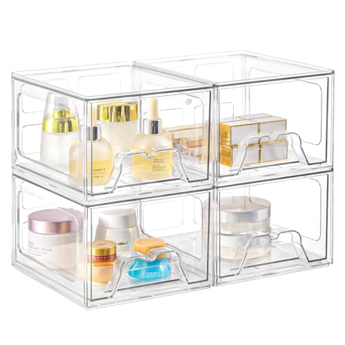 6 Pack Stackable Makeup Organizer, 4.4'' Tall Acrylic Bathroom Makeup Organizer and Storage Drawer with Pull-out Handle, Clear Plastic Storage Bins for Vanity,Pantry,Desk,Undersink,Kitchen