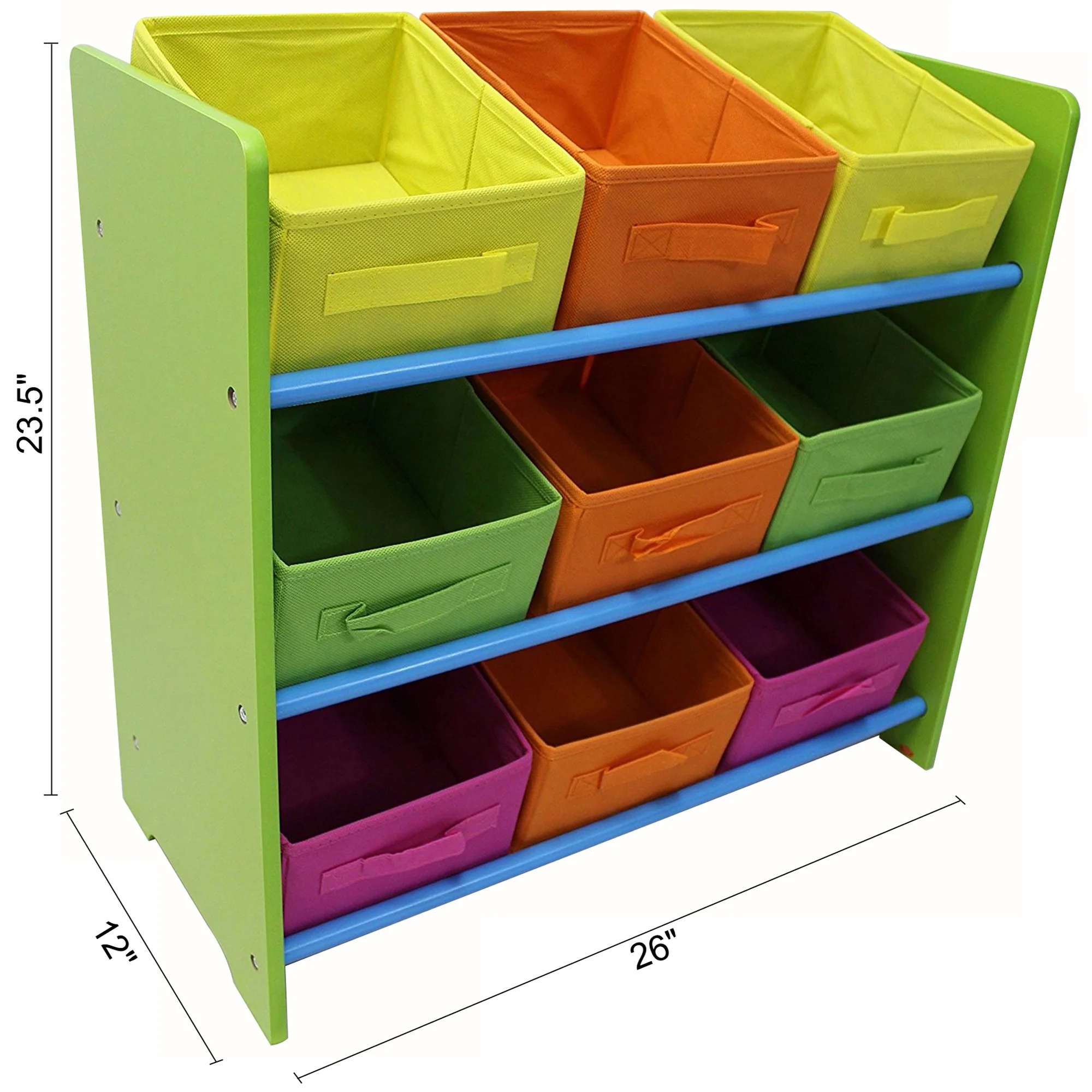 eHemco 3 Tier Wood Frame Storage Unit with 9 Removable Fabric Bins, 2 Yellow, 2 Green, 2 Purple and 3 Orange