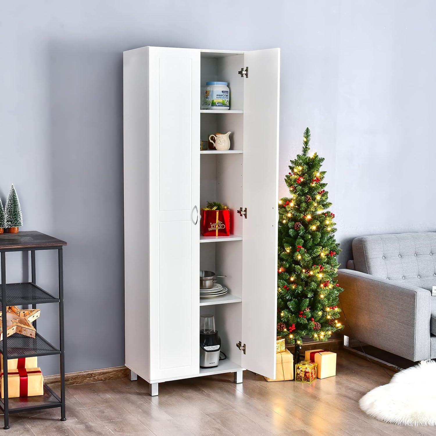 DORTALA 2-Door Tall Storage Cabinet, Morden Kitchen Pantry Cupboard Organizer w/ 5 Shelves, Wood Utility Floor Storage Cabinet, Multifunction Home Storage Furniture, White