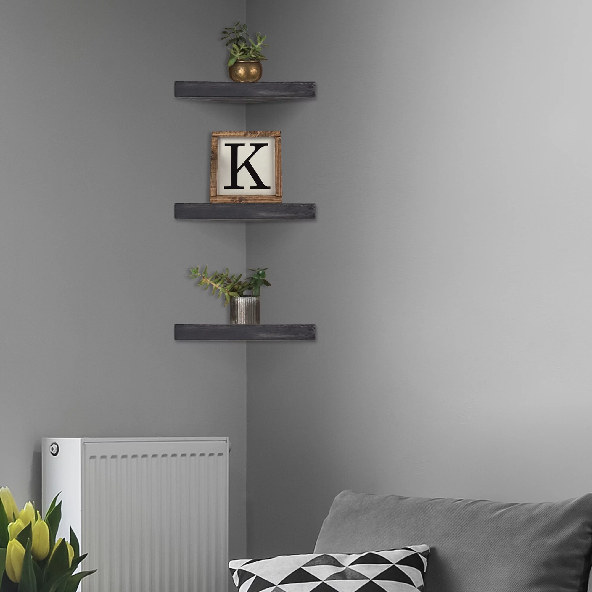 American Art Decor Rustic Wood Floating Corner Shelves - Black - Set of 3