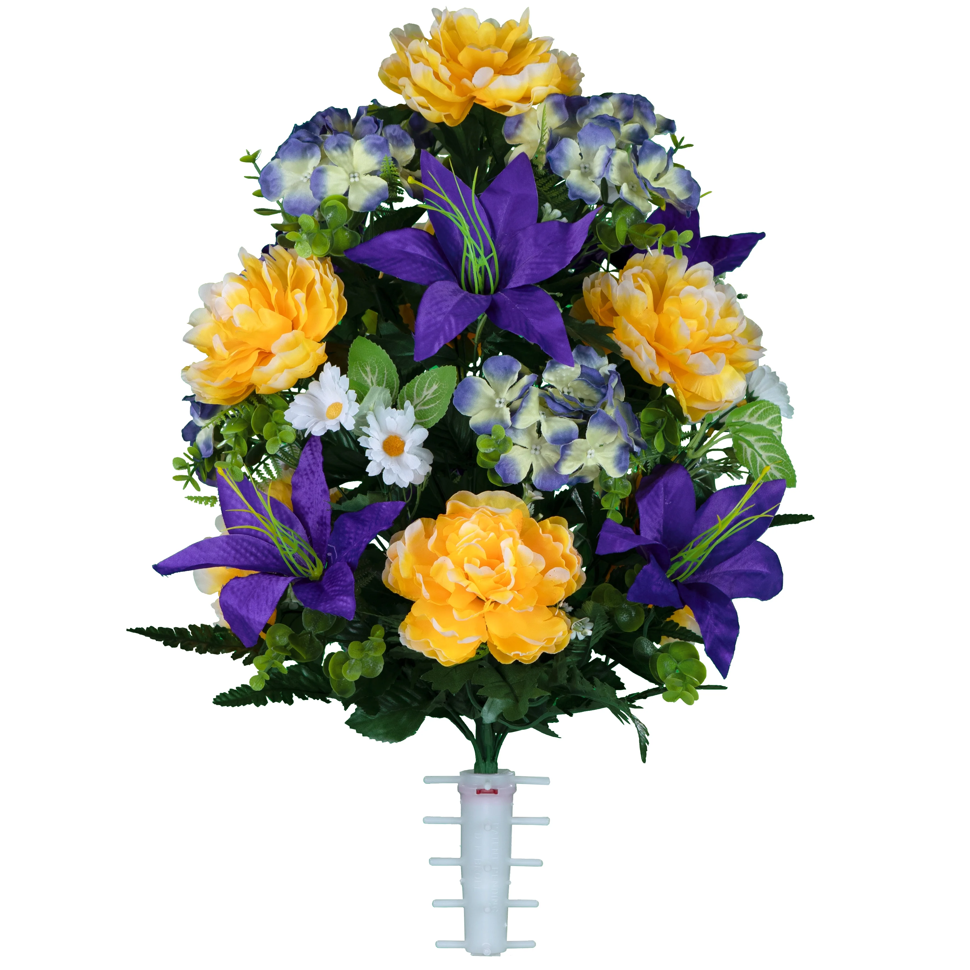 Sympathy Silks Artificial Spring Cemetery Flowers Purple Lily and Yellow Peony Bouquet