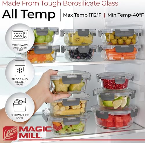 Magic Mill Glass Storage Containers with lids Set | Ultimate 24pc Set with BPA-Free Airtight Locking Lids for Lunch, Food Storage, Meal Prep, Safe in Fridge, Freezer, Dishwasher Safe for Easy Clean