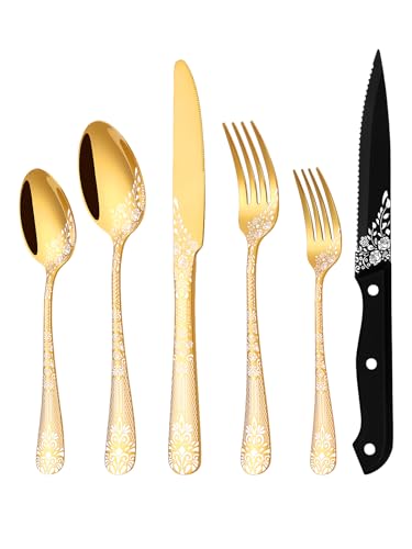 EUIRIO 48-Piece Silverware Set with Steak Knives, Black Flatware Set for 8, Stainless Steel Cutlery Set, Knives and Forks and Spoons Sets,Unique Pattern Design,Mirror Polish and Dishwasher Safe