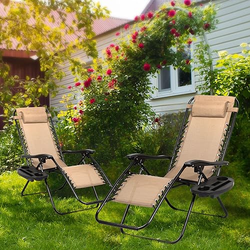 Nazhura Set of 2 Relaxing Recliners Patio Chairs Adjustable Steel Mesh Zero Gravity Lounge Chair Beach Chairs with Pillow and Cup Holder (Dark Green)