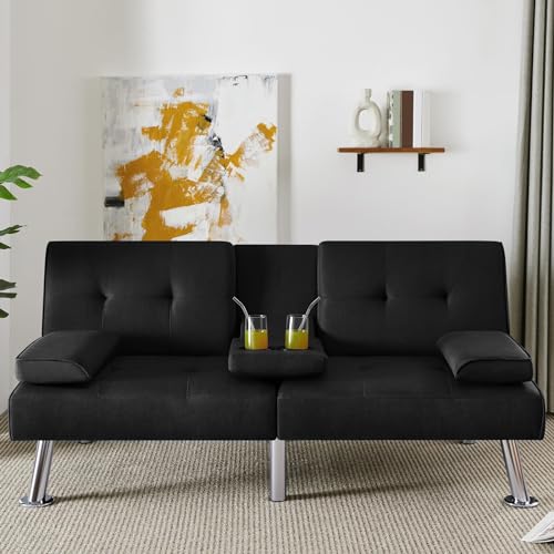 Yaheetech Convertible Sofa Bed Adjustable Fabric Couch Sleeper Modern Recliner Reversible Loveseat Folding Daybed Guest Bed, Removable Armrests, Cup Holders, 3 Angles, 772lb Capacity, Dark Gray