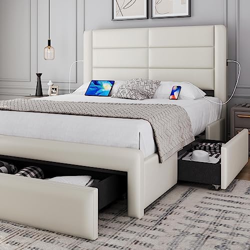 Yaheetech Queen Bed Frame with 2 USB Charging Stations/Port for Type A&Type C/3 Storage Drawers,Leather Upholstered Platform Bed with Headboard/Solid Wood Slat Support/No Box Spring Needed/Amber Brown