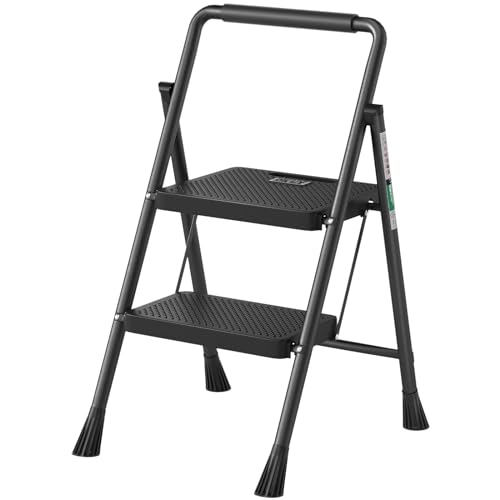 3 Step Ladder, RIKADE Folding Step Stool, Step Stool with Wide Anti-Slip Pedal, Lightweight, Portable Folding Step Ladder with Handgrip, Multi-use Steel Ladder for Household and Office Black