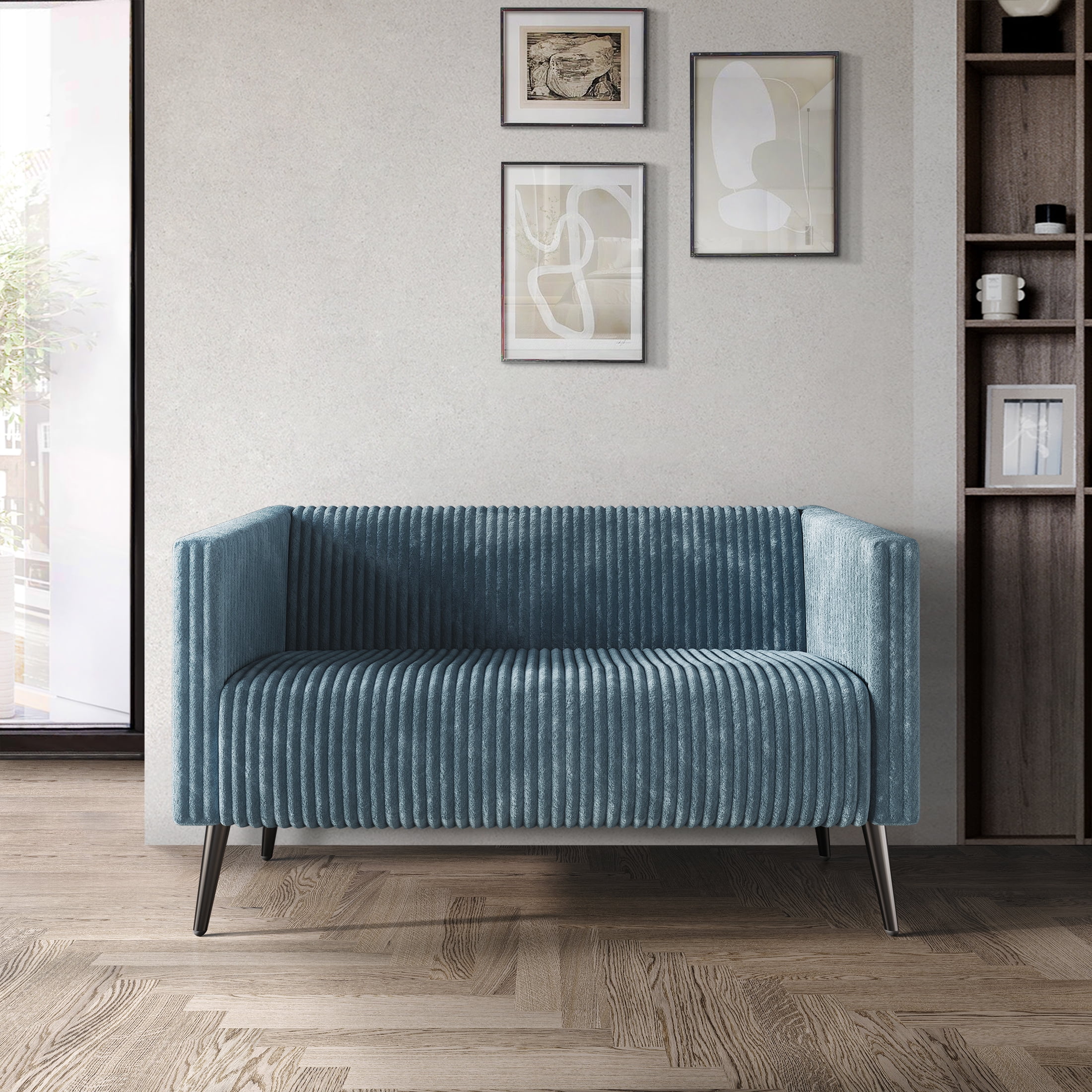 Castle Place Luxurious Pleated Velvet Upholstered Loveseat, Light Blue