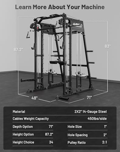 Mikolo Smith Machine, 2200lbs Squat Rack with LAT-Pull Down System & Cable Crossover Machine, Training Equipment with Leg Hold-Down Attachment