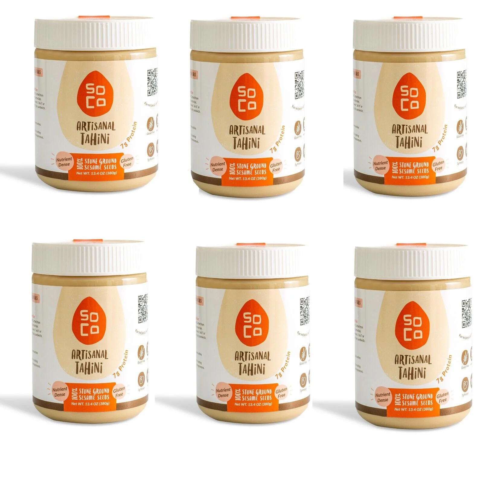 Artisanal Tahini Paste, Pure Ground Sesame Paste Tahini for Hummus, Vegan Dressings and Sauces, Plant-Based, Gluten-Free, Non-GMO, Kosher Condiment, 13.4 oz (380 g), Pack of 6 - SoCo