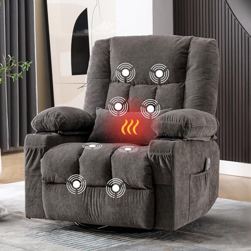 Massage Swivel Recliner Chair, Oversized Rocker Recliner with Vibration Massage and Lumbar Heat Ergonomic Rocker Chair for Living Room with Side Pocket, 2 Cup Holders, USB Charge Port