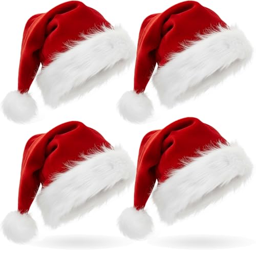AOGU 4 Pack Plush Santa Hat Confortable Velvet Red Christmas Hat for Christmas Party Favors Fit for Adults and Kids