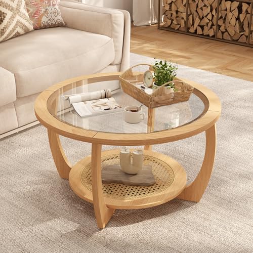 PADMA HOUSE Round Wood Coffee Table with Glass Rattan Top, Wooden Circle Center Table with Curved Legs & Removeable Tempered Glasstop, Cocktail Table for Living Room, Light Brown 32.28