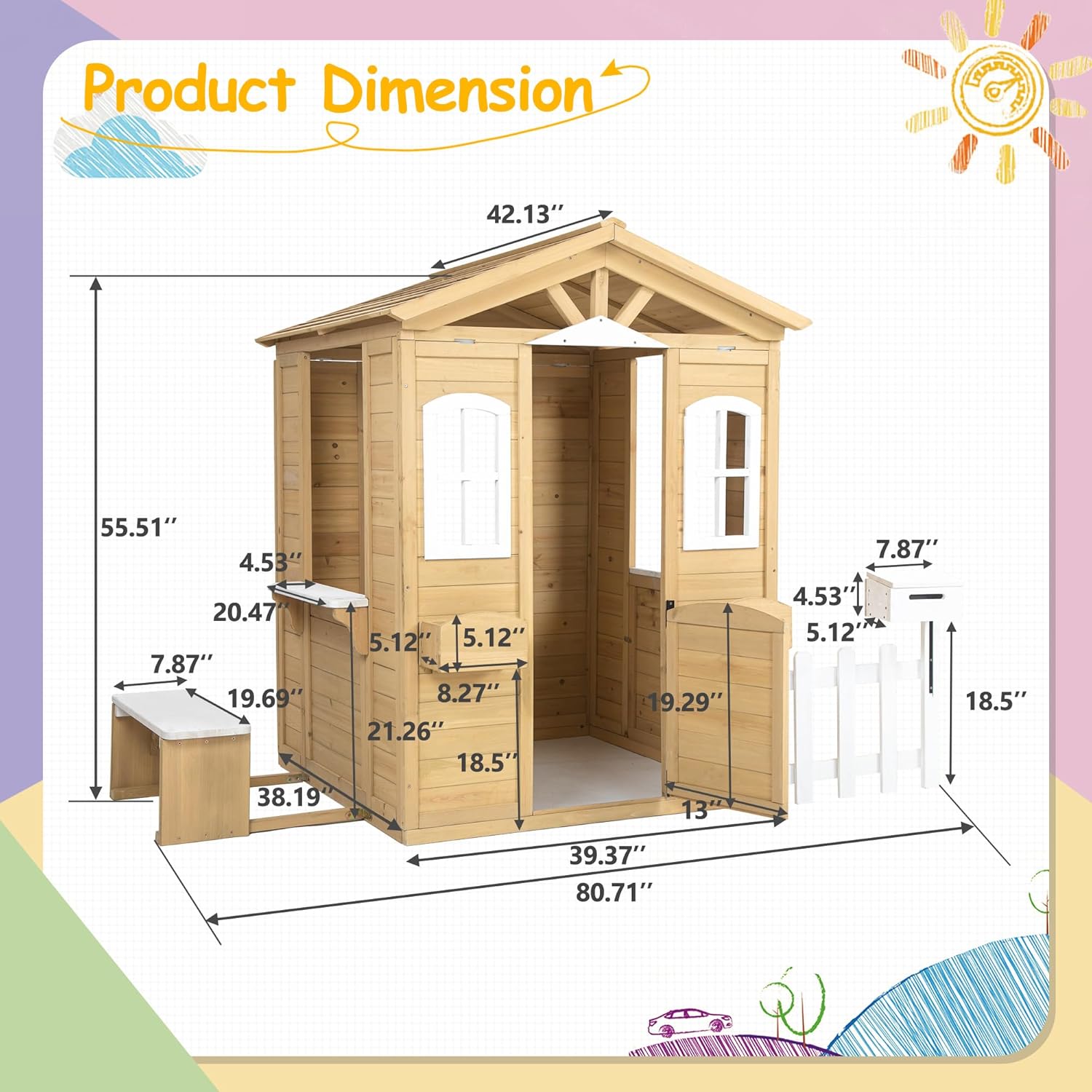 Wooden Outdoor Playhouse for Kids, Playhouse Cottage with Working Doors Windows & Mailbox, Pretend Play House, 39