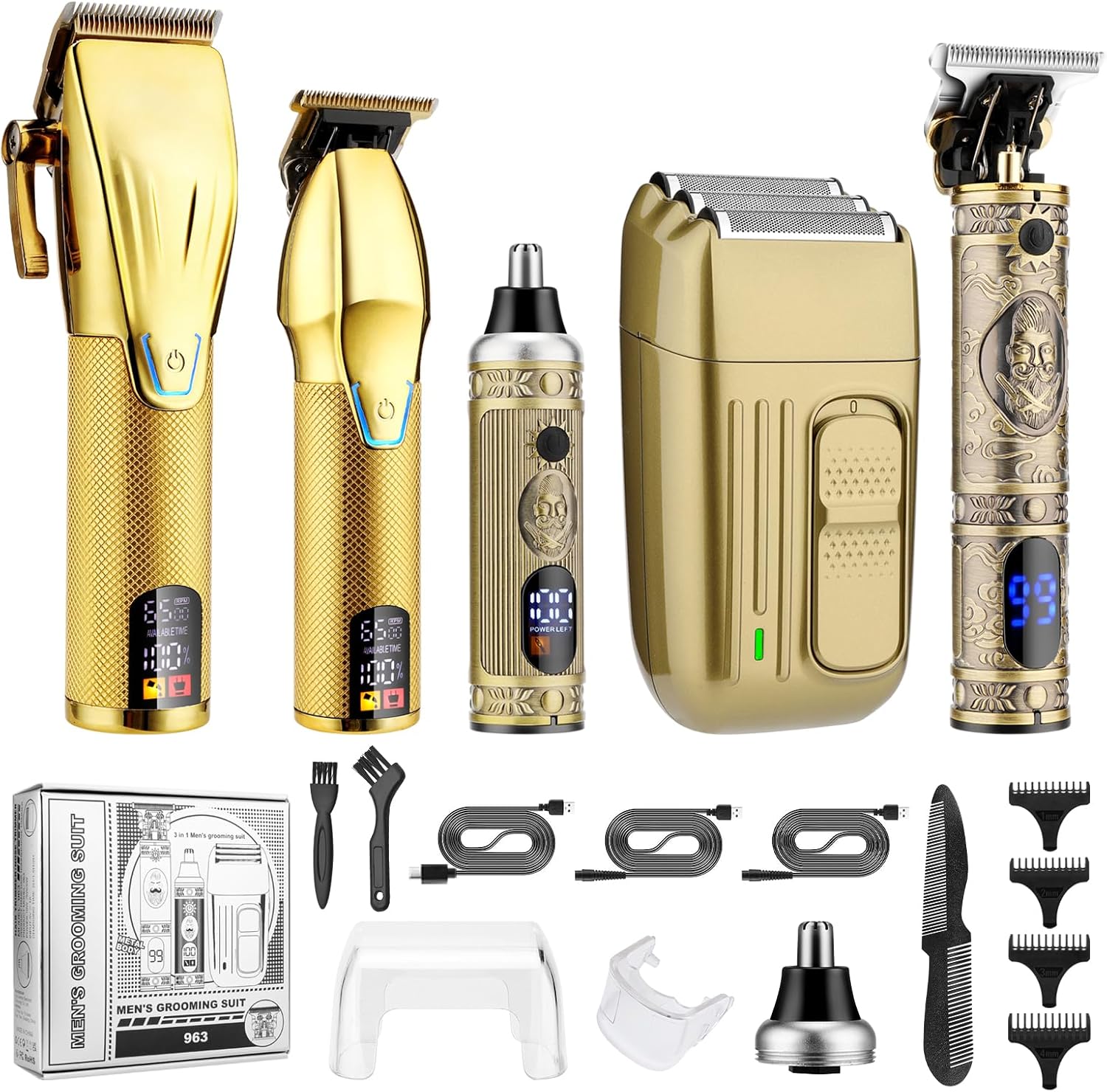 Cordless Hair Clippers for Men,Professional Hair Clippers +T-Blade Trimmer +Electric Shaver+Nose&Ear Hair Trimmer Set,Barber Fading Clipper and Zero Gap T-Blade Trimmer Set with LED Display