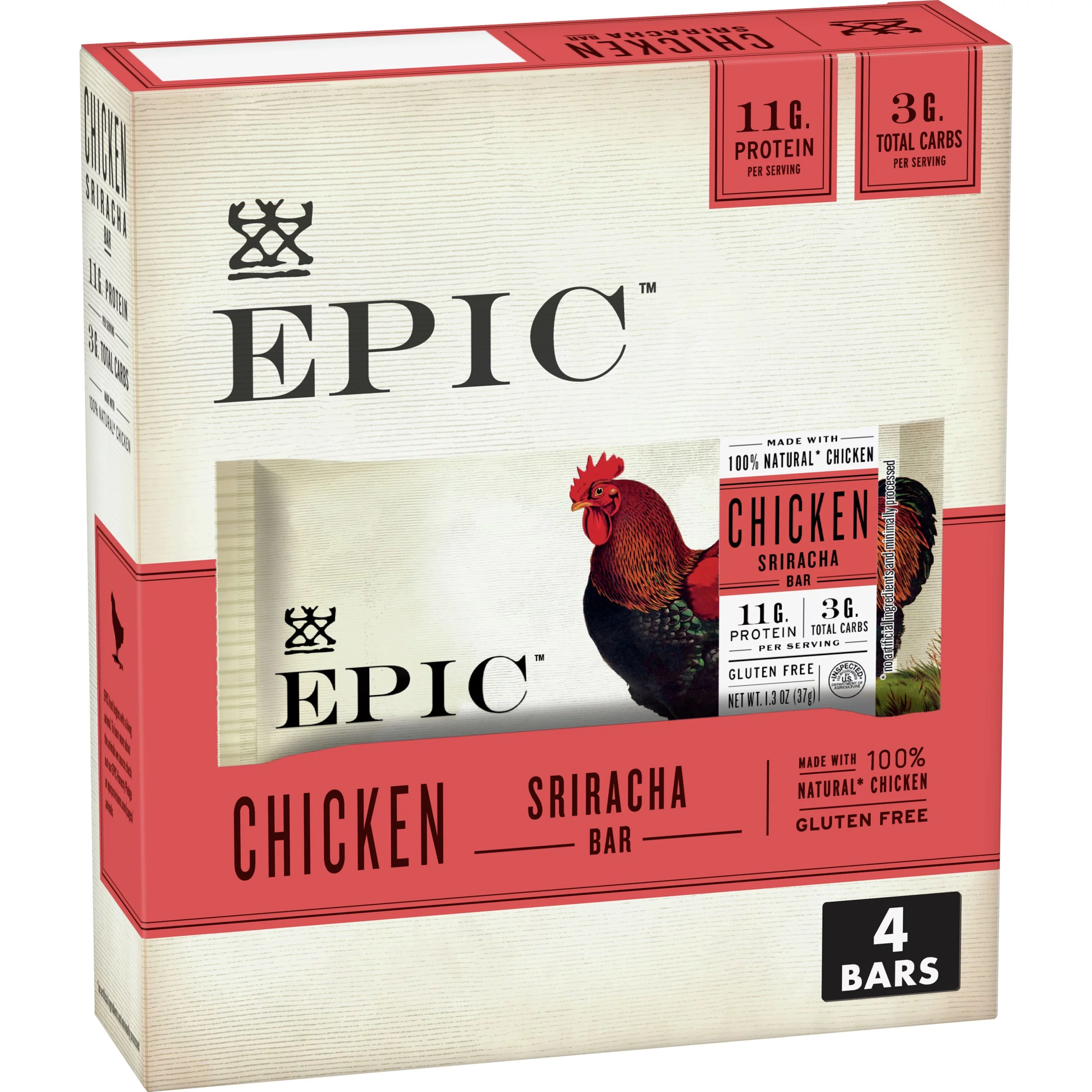 EPIC Chicken Sriracha Protein Bars, Keto Consumer Friendly, 4 ct Box 1.5oz Bars Pack Of 8