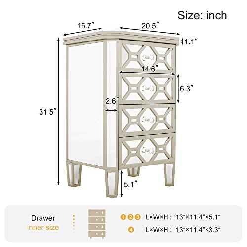 4-Drawer Chest Mirrored Bedroom Chests with Golden Lines, Crystal-Shape Knob, Glass Luster Tall Storage Cabinet for Bedroom Living Room, Entryway, Porch (Silver)