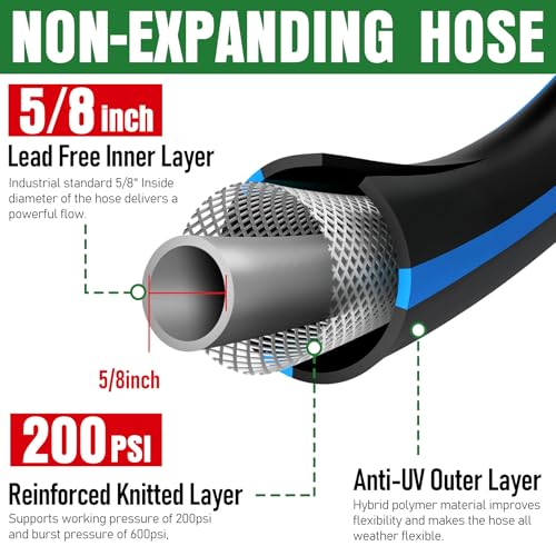 Heavy Duty Garden Hose 25ft, NON-EXPANDABLE Flexible Water Hose, Kink Resistant Lightweight Hybrid Hose, Leakproof Hose Male to Female Fittings
