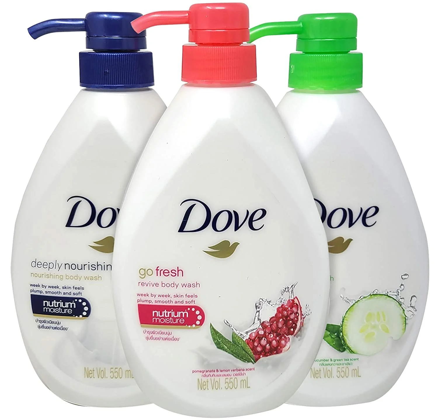 Dove Body Wash Variety Pack, Deeply Nourishing, Pomegranate & Lemon Verbena and Cucumber & Green Tea Pump Bottles, 18.5 Ounces Pack of 3