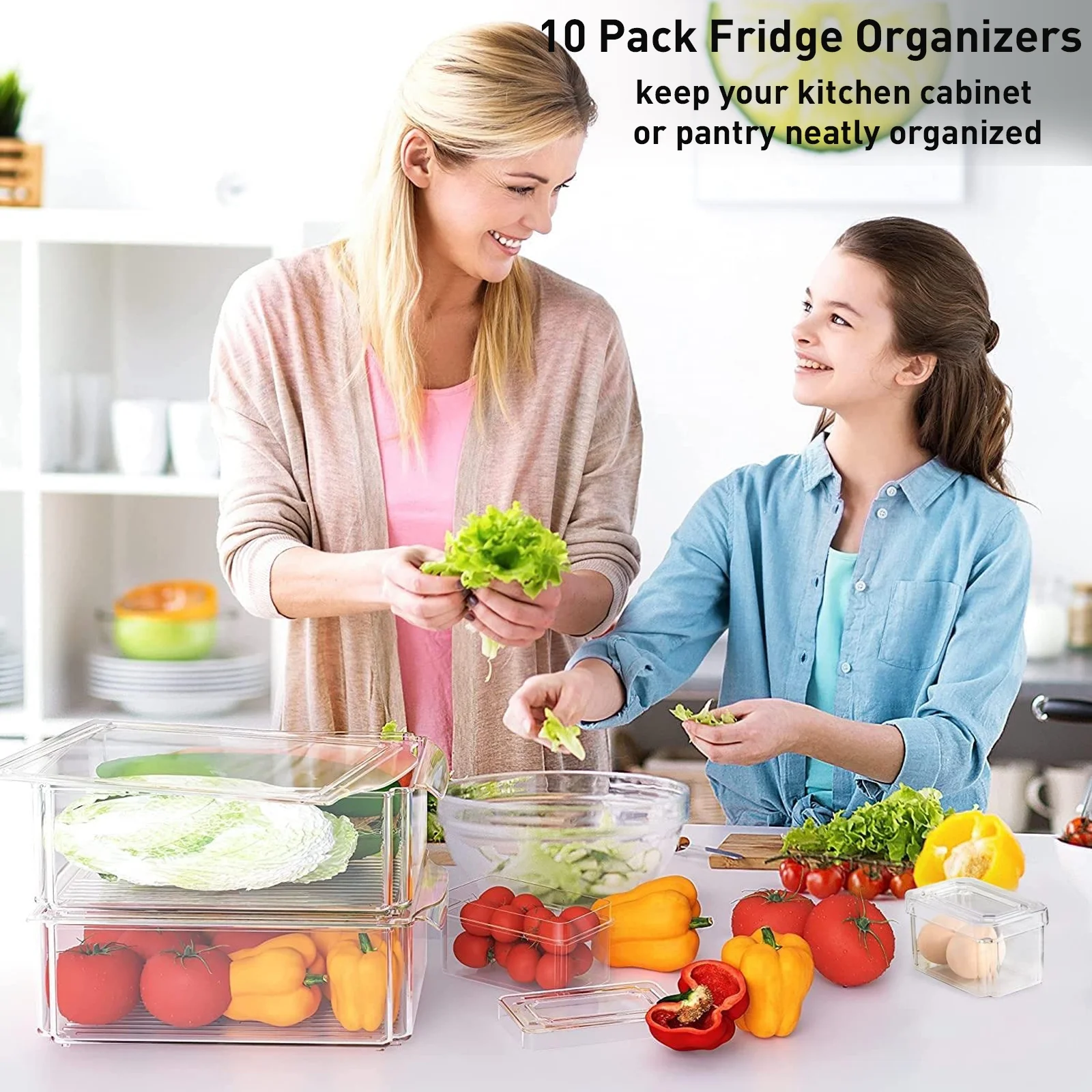 Fridge Organizers and Storage, Refrigerator Organizer with Lids, Clear Organization Bins Plastic Storage Containers for Kitchen Food Drinks Fruits, 10 Pcs