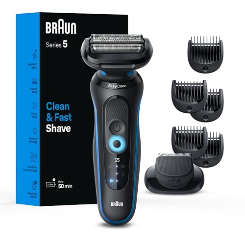 Braun Series 5 5020 Electric Razor for Men Foil Shaver with Beard Trimmer, Rechargeable, Wet & Dry with EasyClean, Black, 5 Piece Set