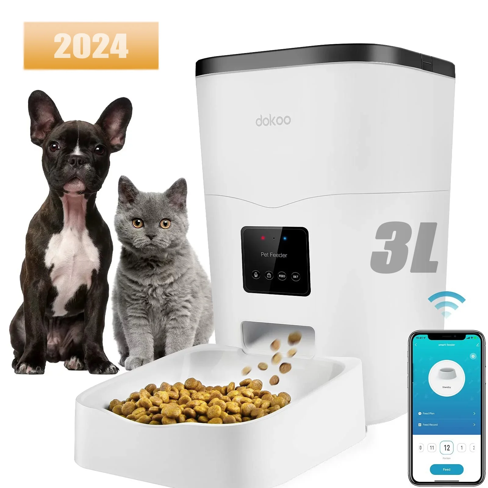 Dokoo Large Capacity Smart Pet Feeder 3L Auto Dog Food Dispenser with Timer Setting 10S Voice Recorder Pet App Control Feeder for Small Medium Cat and Dogs
