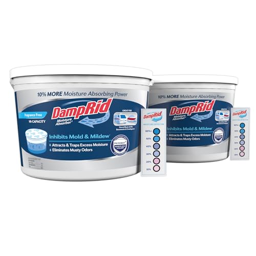 DampRid Hi-Capacity Moisture Absorber Bucket, Fragrance Free, 2 lb. 15.5 oz. & Moisture Detection Strip (2 Pack), Attracts & Traps Excess Moisture