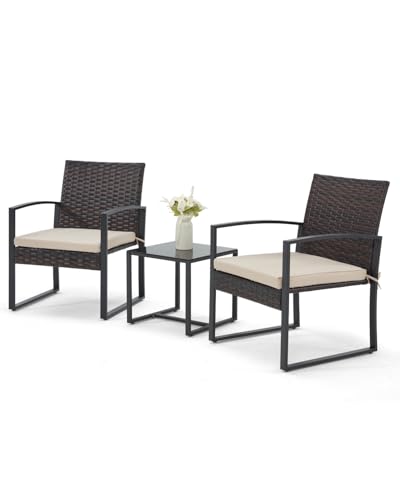Bezseller 3 Pieces Patio Furniture Set, Outdoor Rattan Bistro Set with Coffee Table, Durable Steel Frame with Strapped Cushions for Garden, Balcony, Poolside, Backyard