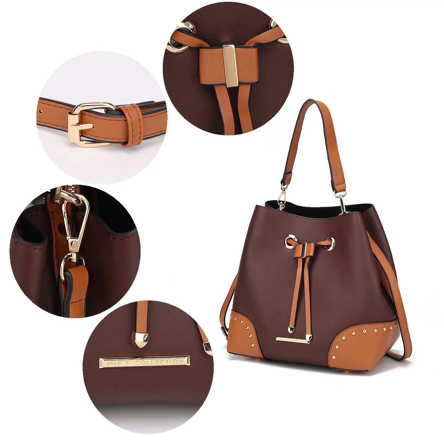 MKF Collection Callise Vegan Leather Women's Bucket Bag & Wristlet Wallet 2-Piece Set by Mia K. - Black Cognac