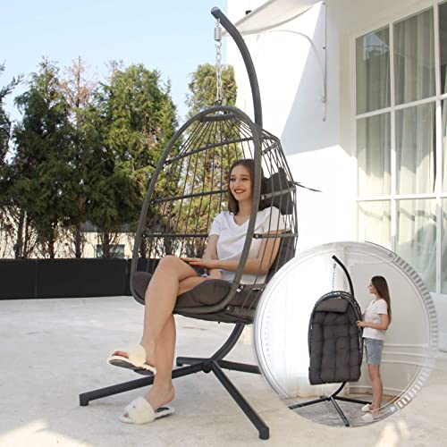NICESOUL Egg Chair No Stand Outdoor Indoor, 350lbs Capacity Sturdy Patio Wicker Swing Hanging Chair, Hammock Egg Ceiling/Tree Chairs with Cushions for Bedroom Porch Deck Balcony, Gray Without Stand